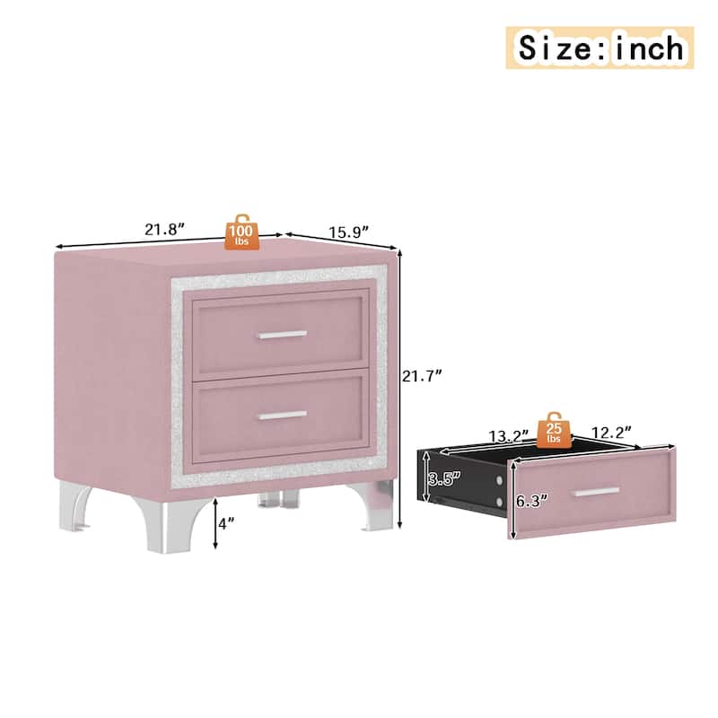 3-Pieces Bedroom Sets Queen Velvet Platform Bed with LED Tufted Headboard Upholstered Bed Frame with 2 Nightstands - Pink