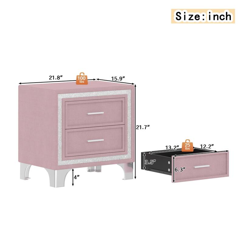 Mid-Century Vintage Velvet 2-Drawer Nightstand - Silver Glitter Strip + Metal Legs (Fully Assembled Except Legs/Handles, Pink)