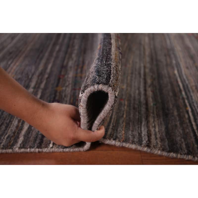Striped Tribal Gabbeh Indian Square Area Rug Hand-Knotted Wool Carpet - 7'7"x 8'0"