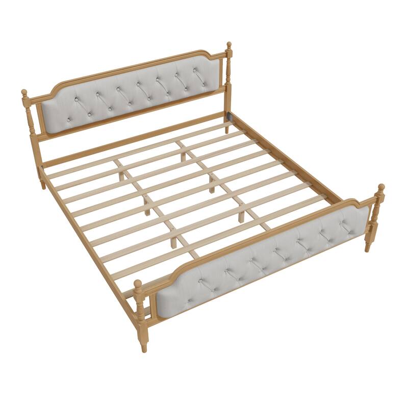 Traditional Style Solid Wood Bed Frame with Upholstered Tufted Headboard,No Box Spring Needed,King Size, Walnut