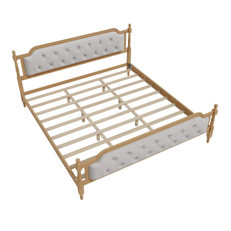 Wood Bed Frame with Button Tufted Headboard and Footboard, Upholstered Bed Four Poster Bed, No Box Spring Needed