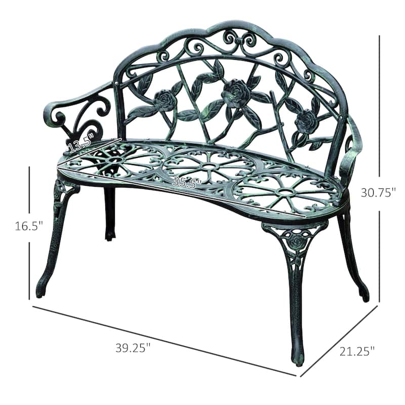 Cast Aluminum Two-Seat Outdoor Bench with Floral Rose Accent & Antique Finish, Green