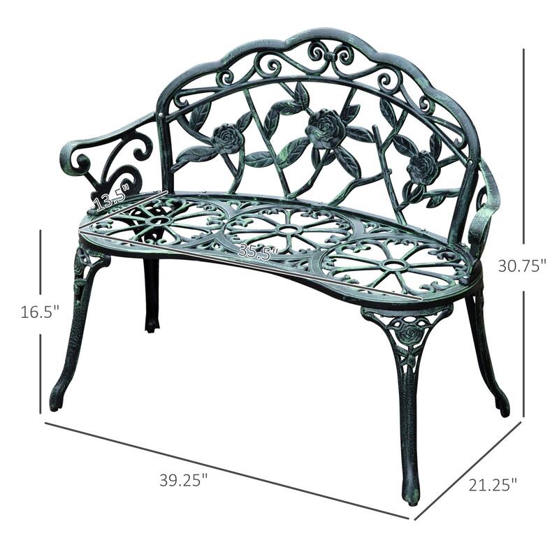 Outdoor Bench, Cast Aluminum Outdoor Furniture, Metal Bench With Floral Rose Accent & Antique Finish