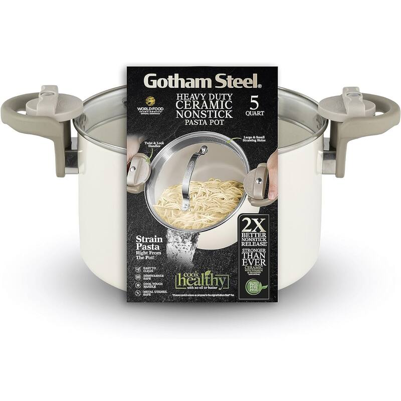 Gotham Steel 5 QT Nonstick Multi Purpose Pasta Pot with Twist and Lock Handles, Cream