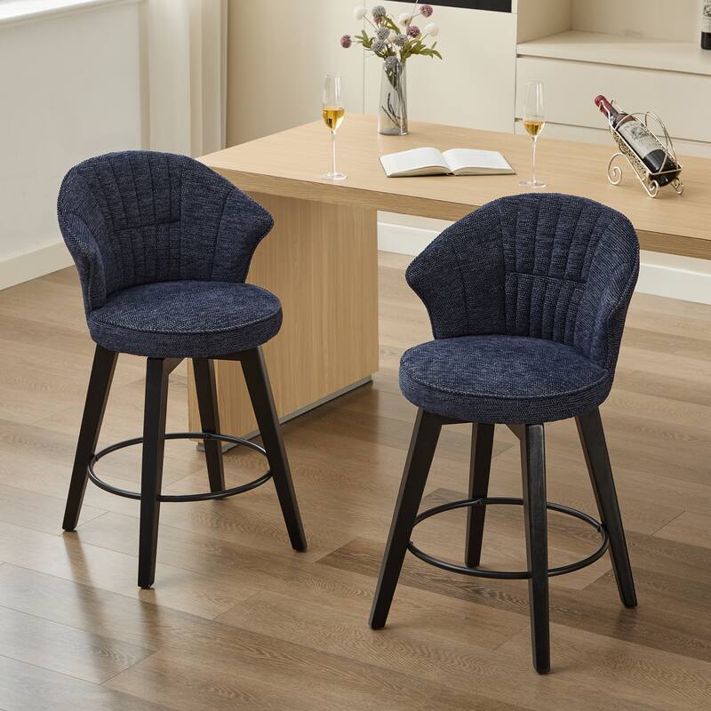 Wing Back Swivel Bar Stools Set Of 2 - 25" Counter Height Adjustable Stools With Solid Wood Legs & Chenille Upholstery