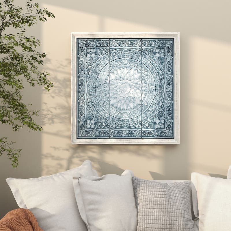 Metal Floral Embossed Mandala Scroll Home Wall Decor with White Wood Frame - Blue or Brown - Roche River Decor