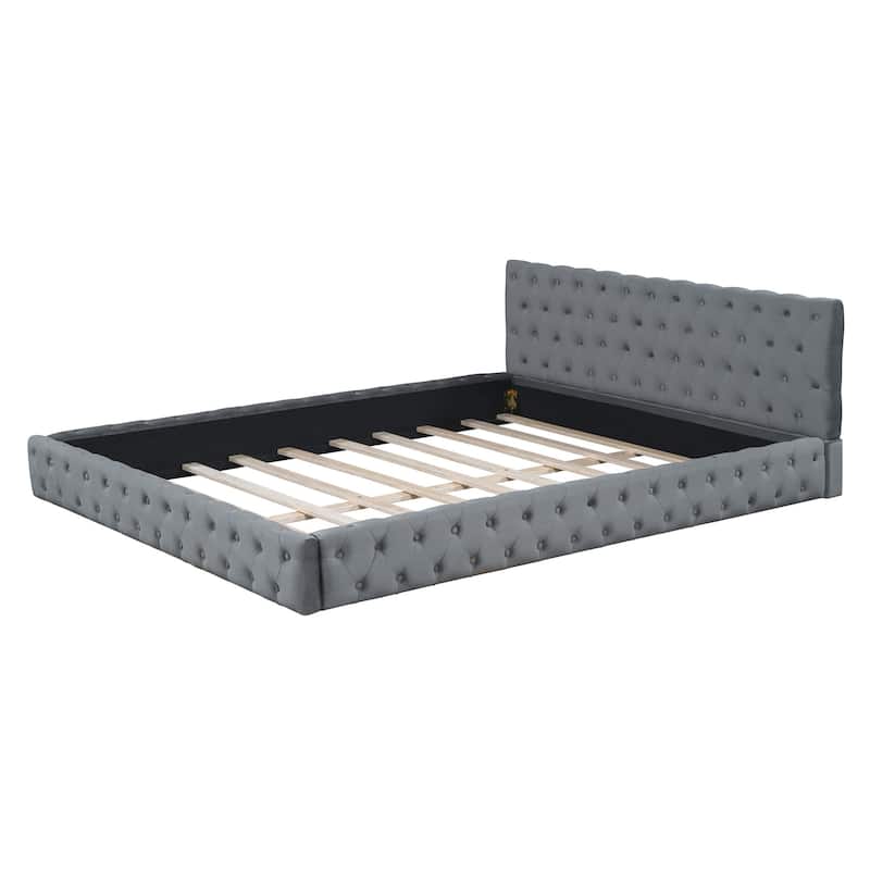 HomeRoots Gray Tufted Velvet Upholstered Queen Bed Frame