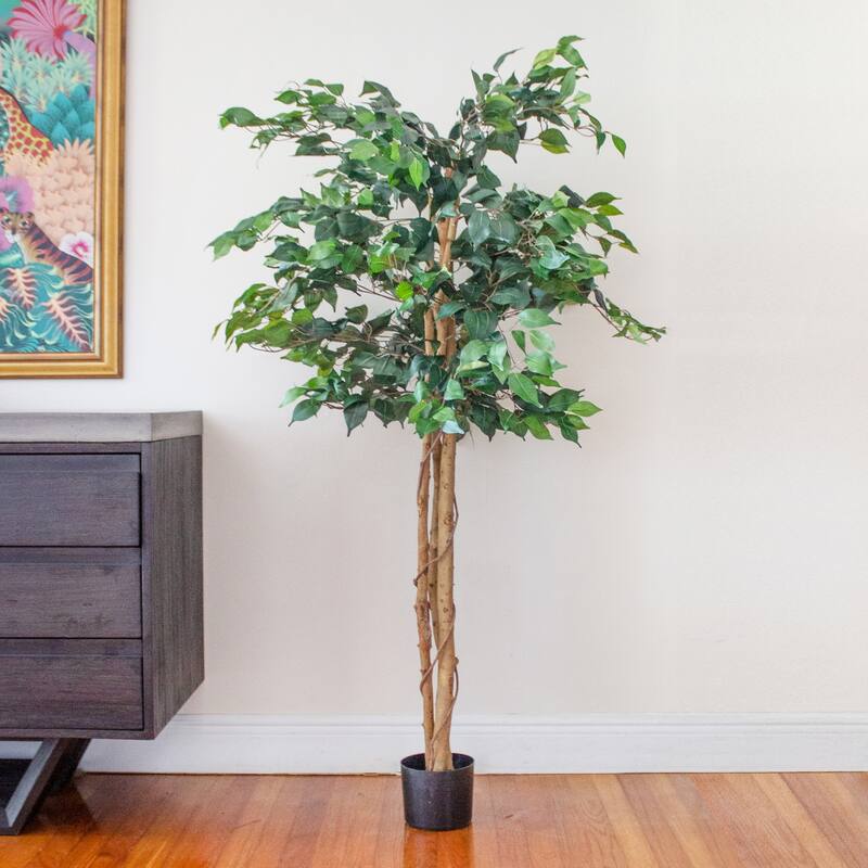 Artificial Ficus Tree 5ft - Realistic Faux Tree Indoor Decor - Elegant Green Plant for Home Office - 41-50 Inches