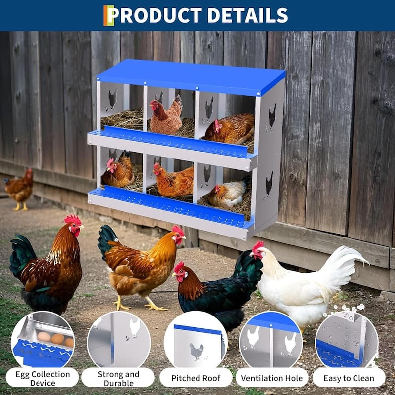 6 Compartment Metal Chicken Nesting Box, Laying Box for Hens Ducks Rabbits, Blue