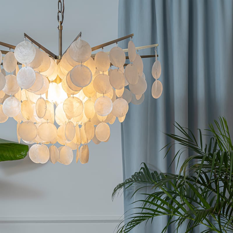 Cone Shape Tier Coastal Capiz Shells Chandelier With Antique Gold Metal