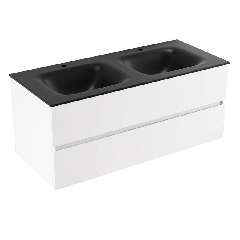 Wall-Mounted Bathroom Vanity Set in White with Black Quartz Top and Integrated Sink