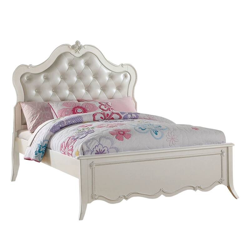 Pine Wood Twin Bed With Button Tufted Headboard, Pearl White