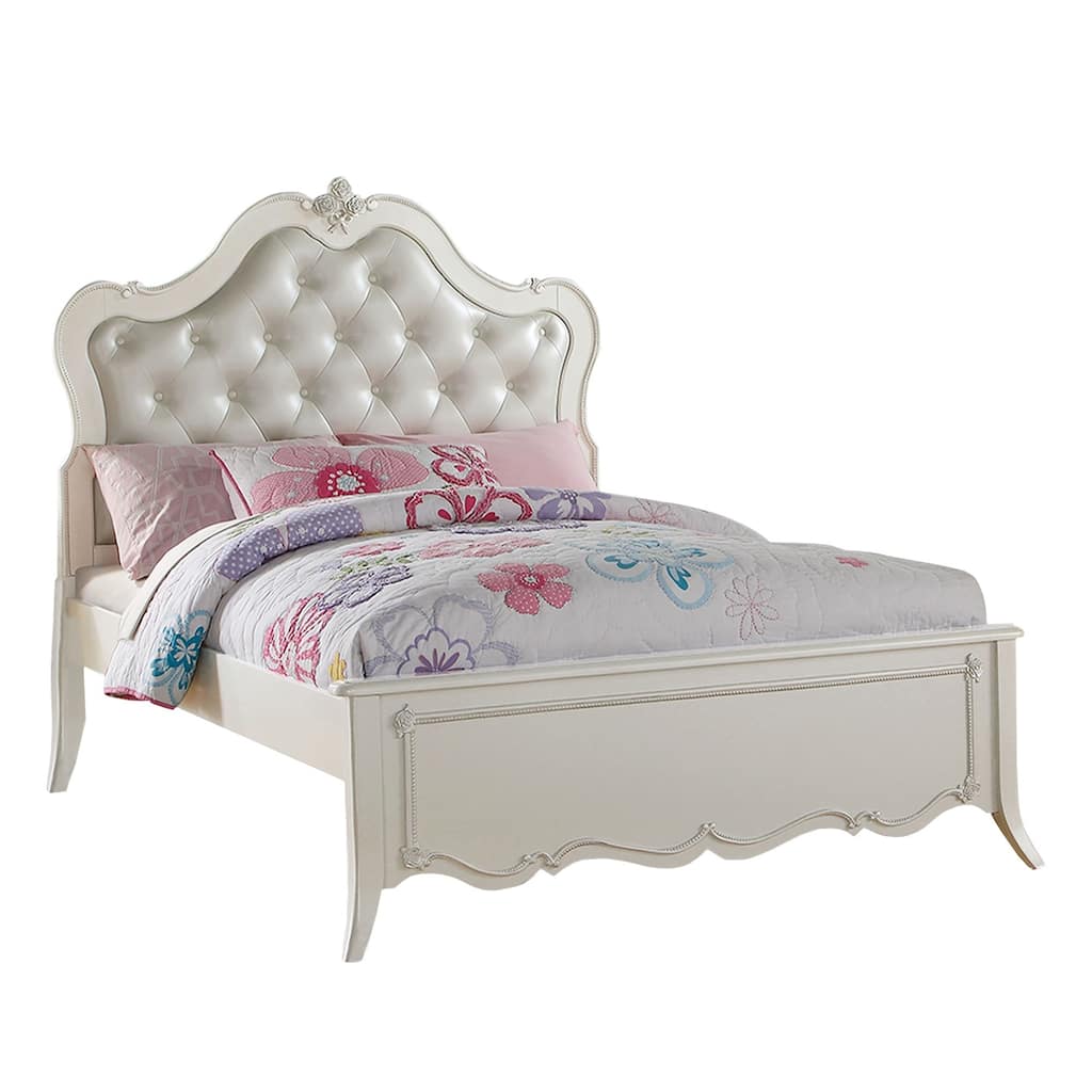 Pine Wood Twin Bed With Button Tufted Headboard, Pearl White