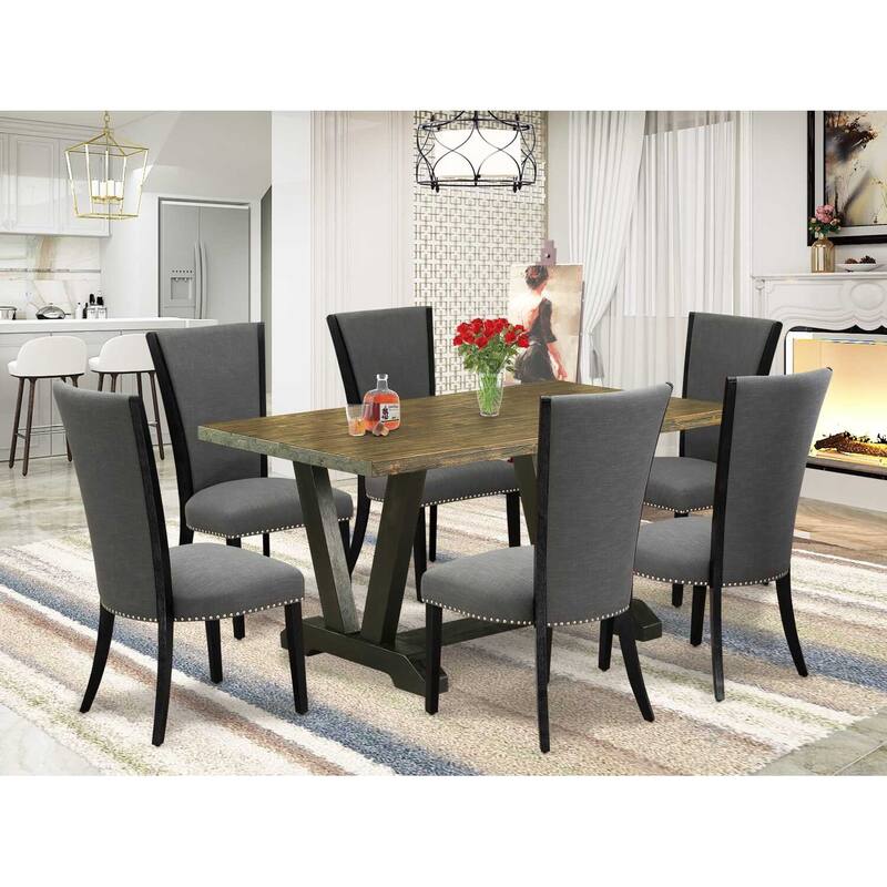 HomeStock 7-Piece Distressed Jacobean Finish Solid Wood Top Dining Table with 6 Chairs