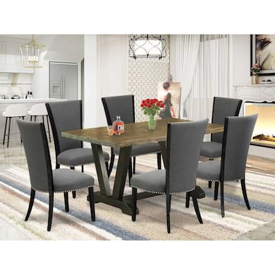 HomeStock 7-Piece Distressed Jacobean Finish Solid Wood Top Dining Table with 6 Chairs