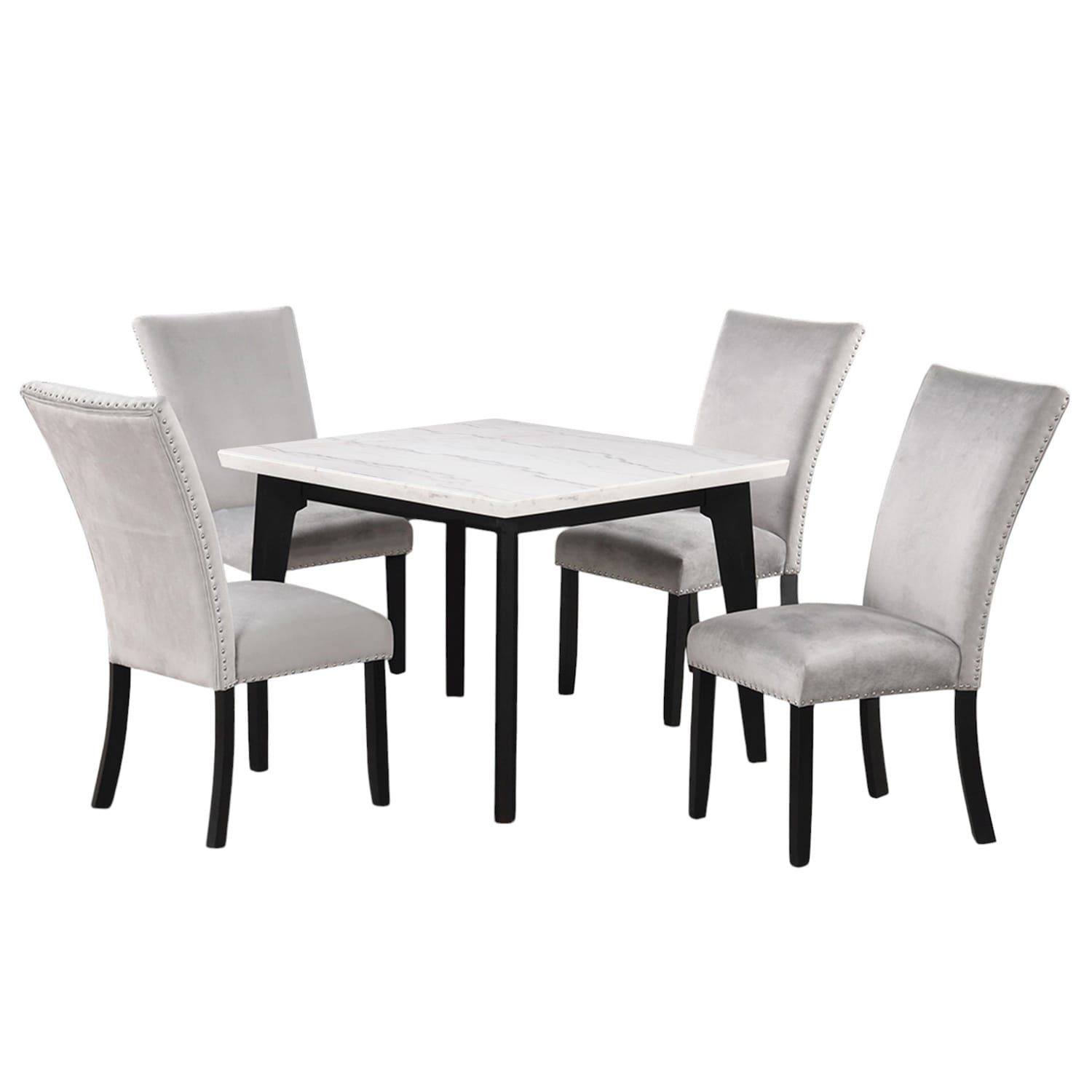 5 Piece Square Dining Set with Faux Marble Top in Black and White