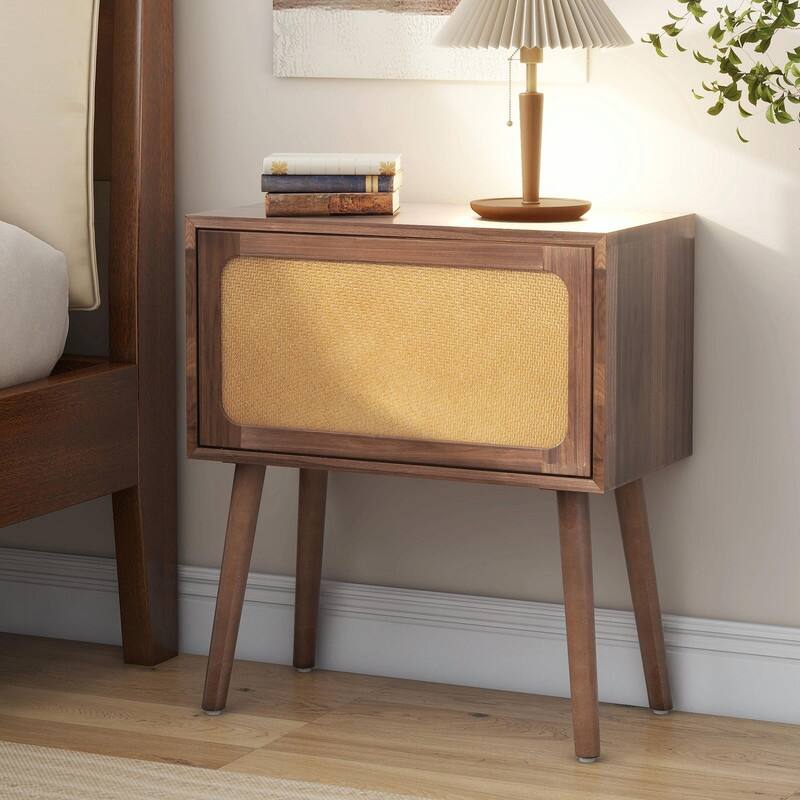 Mid-Century Modern Rattan Nightstand with Rotating Hidden Compartment and Wood Legs