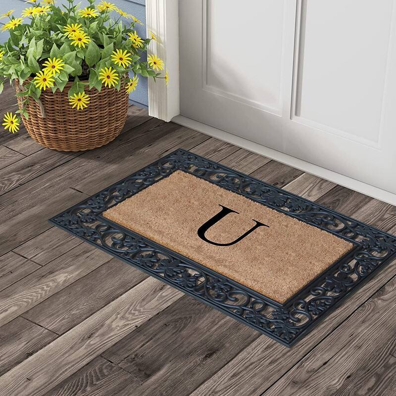 A1HC Rubber and Coir Dirt Trapper Heavy Weight Large Monogrammed Doormat, Black
