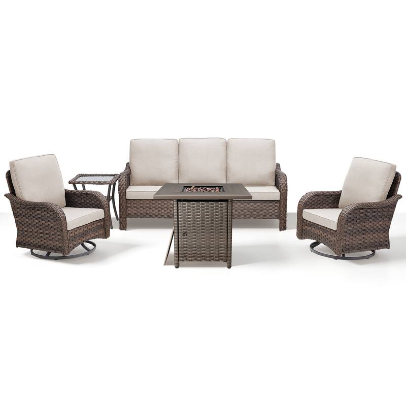 Pocassy Patio Funiture Sofa Swivel Chair Ottoman with Fire Table Set