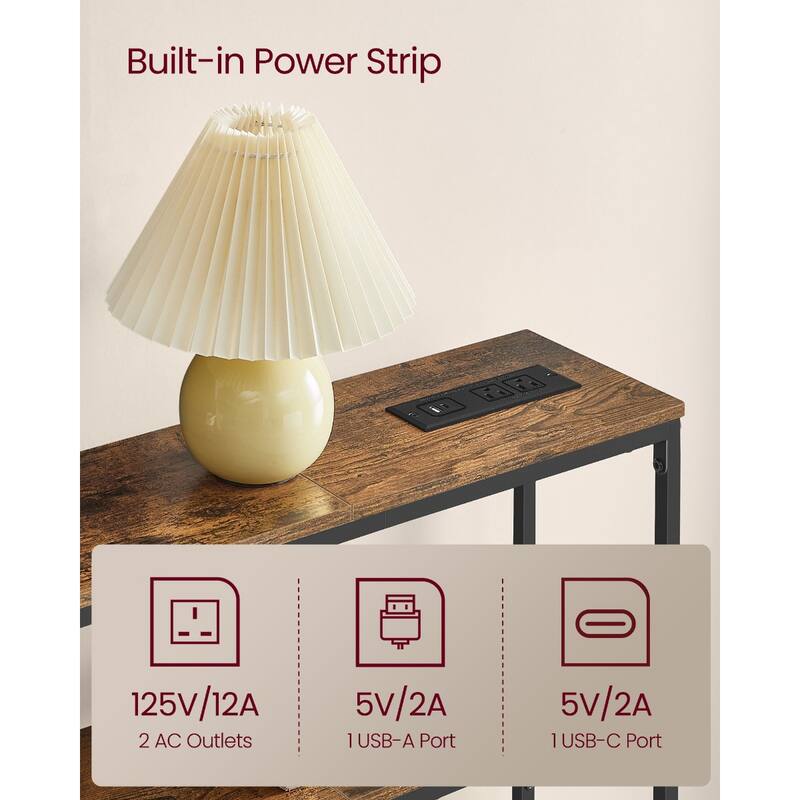 Rustic Brown 2-Tier Narrow Console Table with Power Outlet with Shelves for Hallways or Entryways