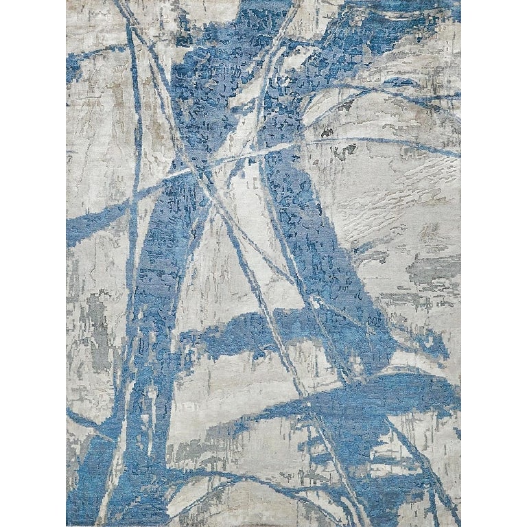 EXQUISITE RUGS Floor Art Hand-knotted Bamboo Silk Ivory/Light Blue Area Rug.