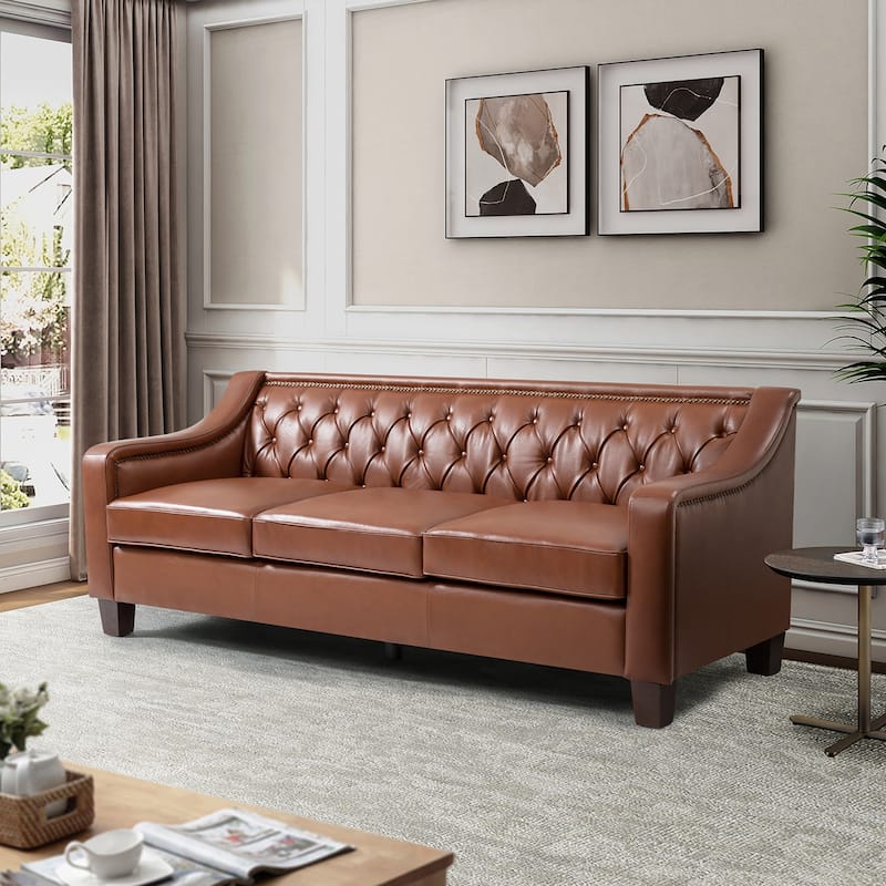 Mateo 82.28" Wide Transitional Genuine Leather Sofa with Nailhead Trim and Button-Tufted Back