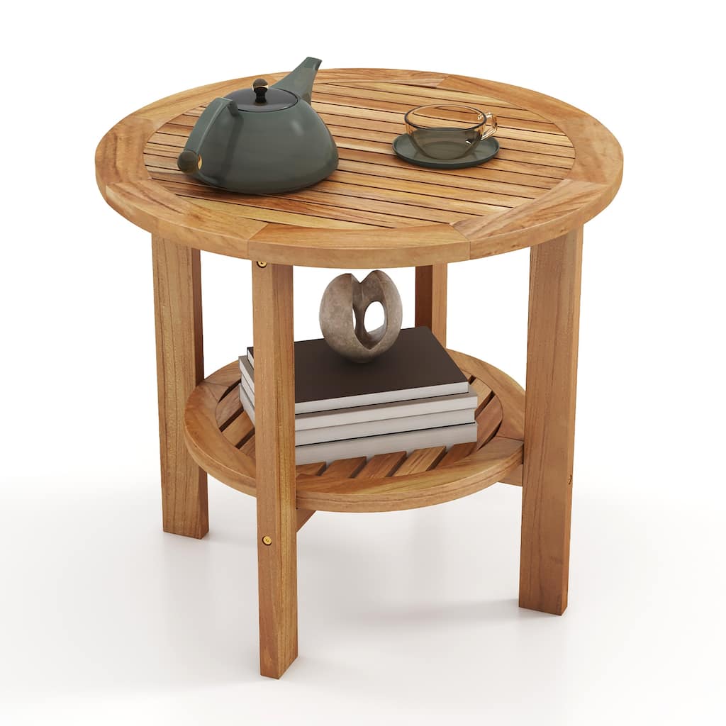 Gymax Teak Wood 2-Tier Side Table 19.5'' Round Coffee Table End Table