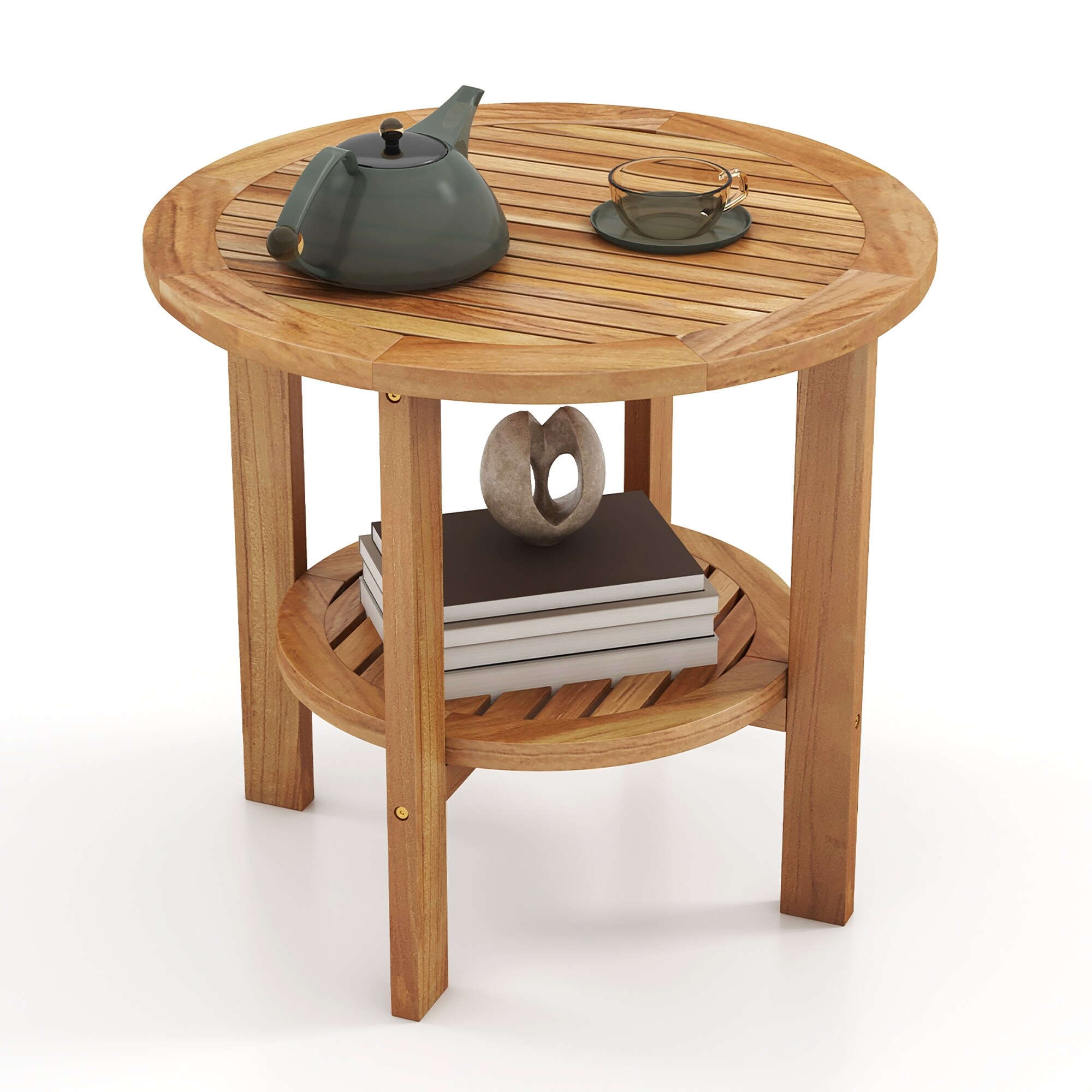 Gymax Teak Wood 2-Tier Side Table 19.5'' Round Coffee Table End