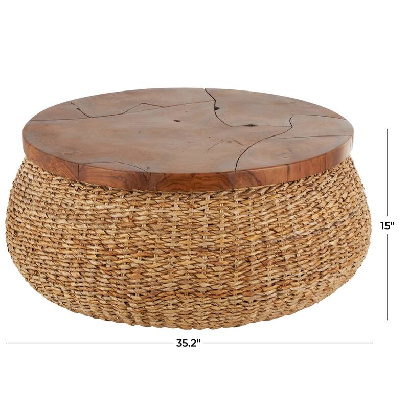 Rattan Wrapped Coffee Table with Teak Tabletop - Brown - Roche River Decor - 35"W x 35"L x 15"H