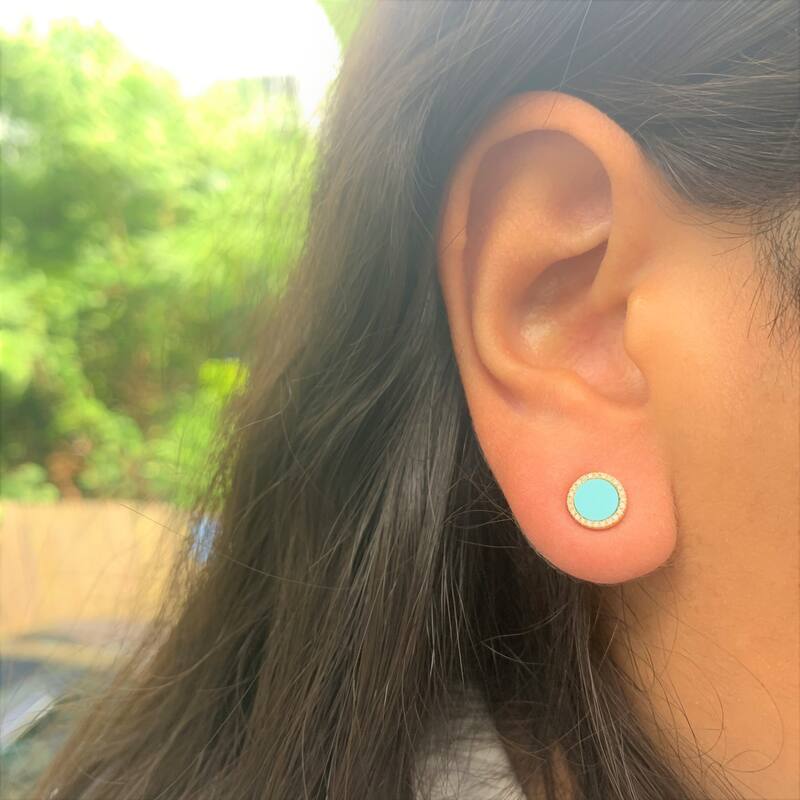 Joelle Collection Diamond & Turquoise Circle Disc Studs Earrings 14K Gold 1/10ct TDW