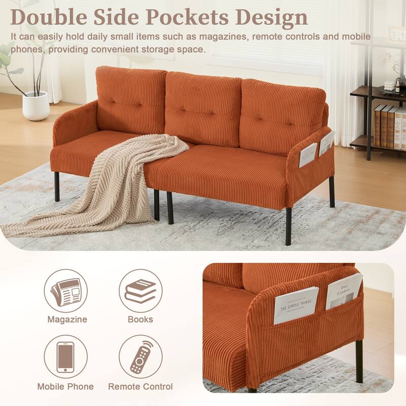 HOMEFUN Corduroy Upholstered Oversized Wood Frame Loveseat Sofa with Metal Legs and Side Pockets