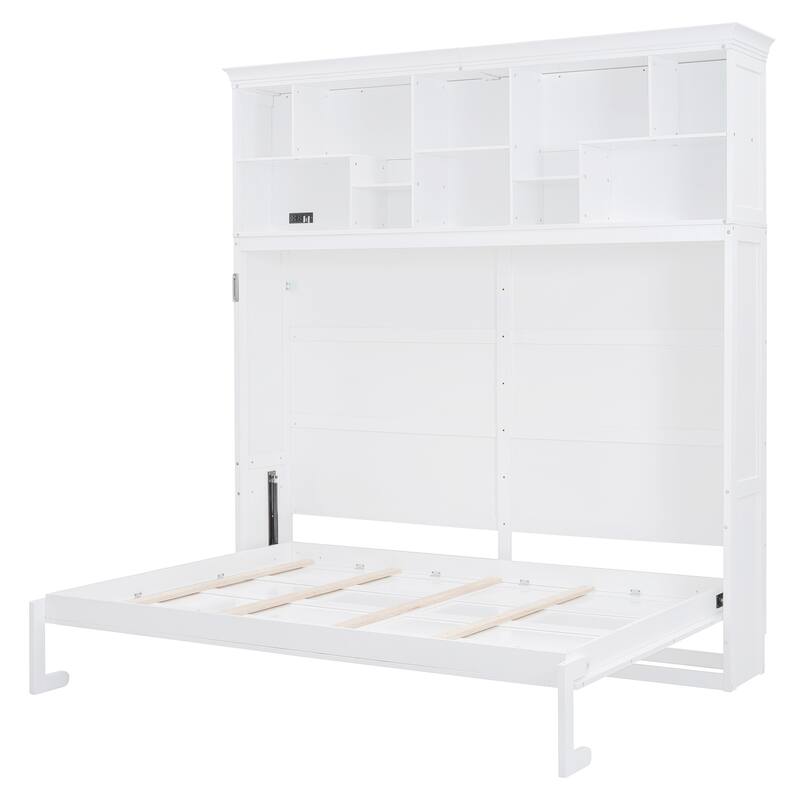 Queen Size Wall Bed with Top Shelves & USB, Space-Saving Foldable Cabinet Bed