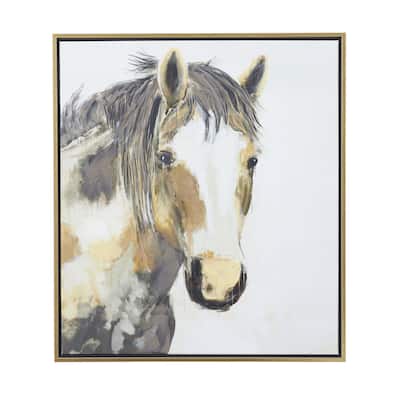 Canvas Horse Framed Wall Art with Gold Frame - Brown - Roche River Decor