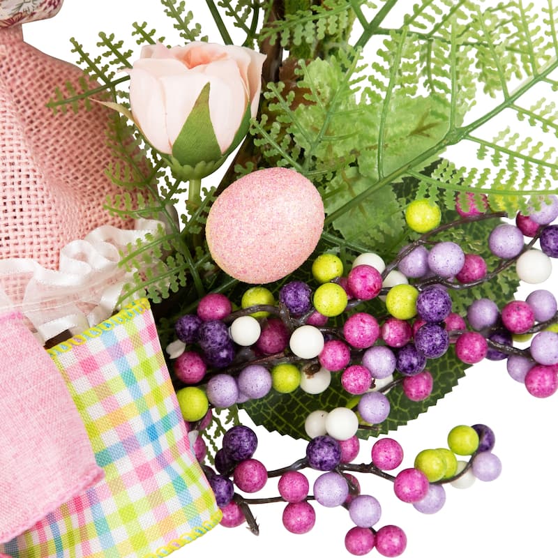 Flower Bunny Moss Vines Teardrop Easter Wreath - 22" - Pink - Unlit