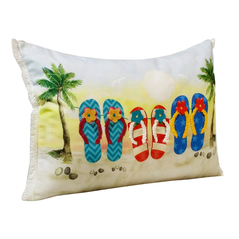 Sevita Hand-Woven Multi Tropical Flip Flops Polyester Throw Pillow, 14" x 20"