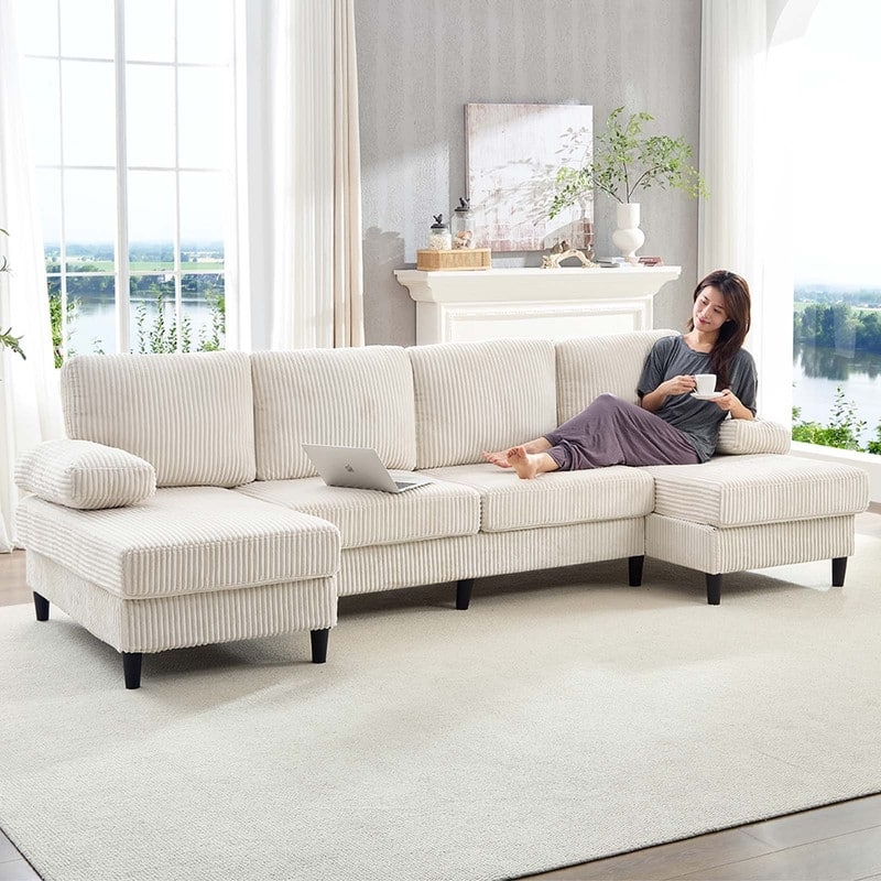 Mixoy W110"U-Shaped Sectional Sofa Couches with Double Chaises and Sleepable Armrests,Corduroy Upholstered 4-Seater Sofa