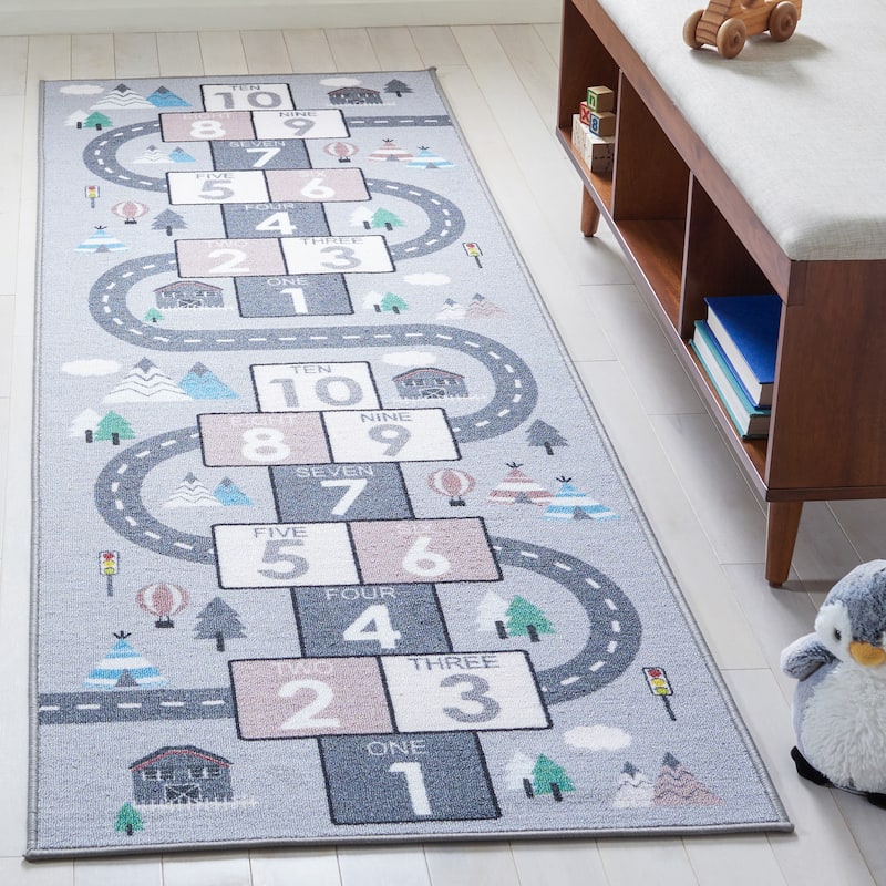 SAFAVIEH Kids Playhouse Machine Washable Slip Resistant Arendine Hopscotch Area Rug - 2'2" x 6' Runner - Grey/Pink
