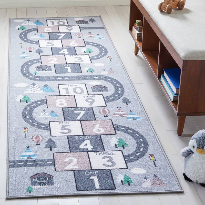 SAFAVIEH Kids Playhouse Machine Washable Slip Resistant Arendine Hopscotch Area Rug - 12' Runner - Grey/Pink