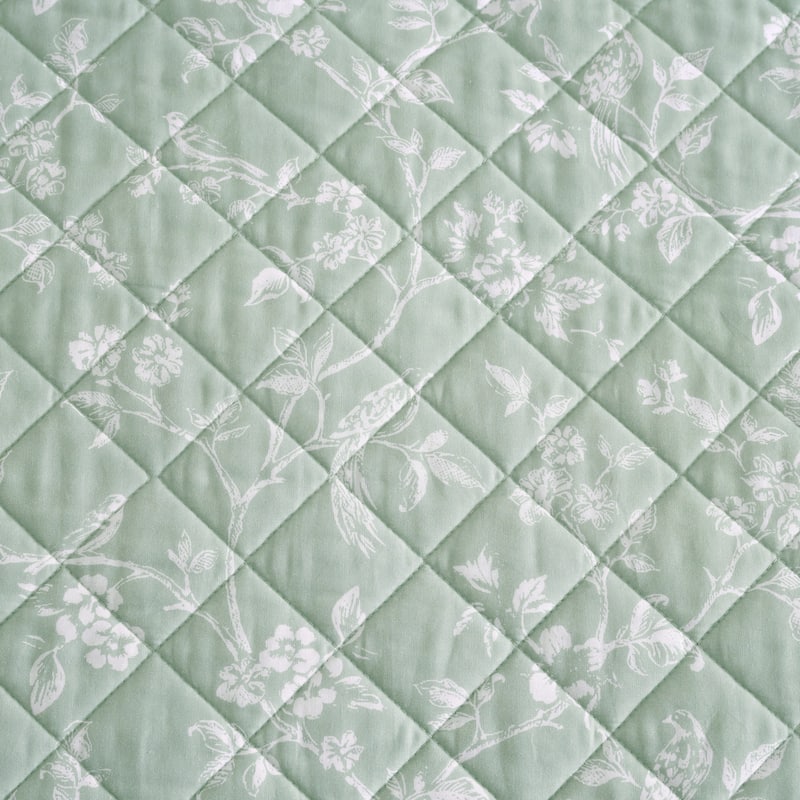Martha Stewart French Bird Floral Green Cotton Reversible Quilt Set