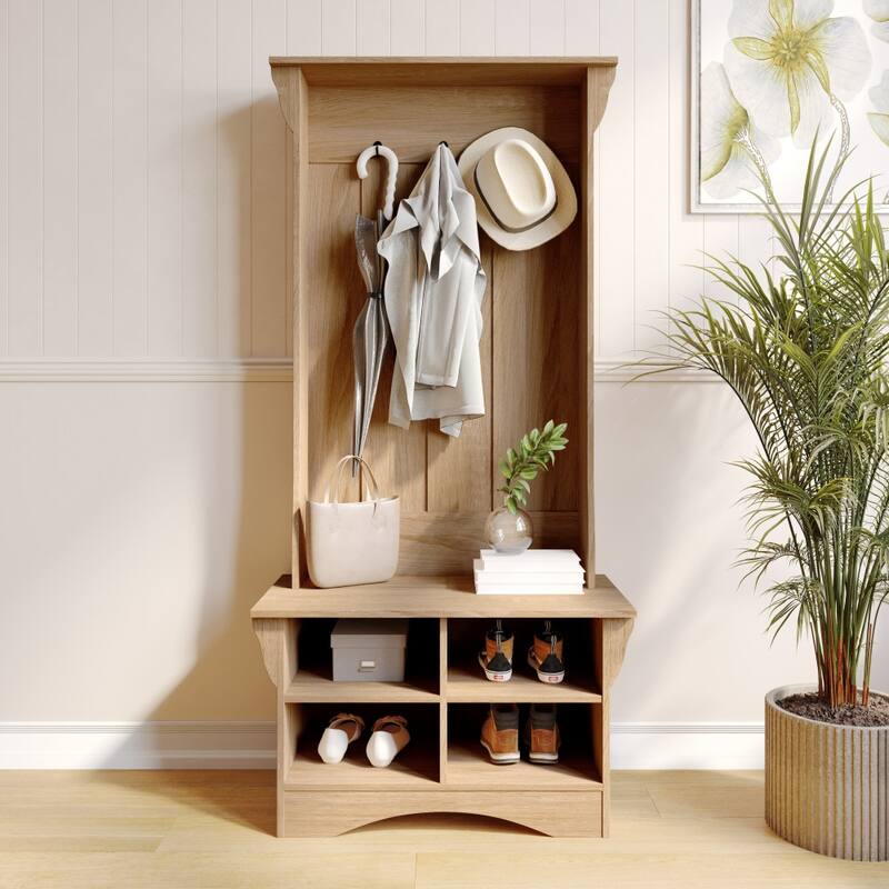 3 Hook Hallway Tree with Divided Under Bench Storage - Weathered Natural
