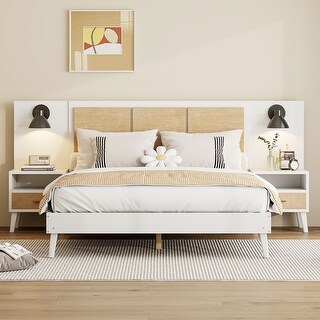 Queen Size Solid Wood Bed Frame with 2 Nightstands, Platform Bed with Lamps, Rattan and Wood Combination, White