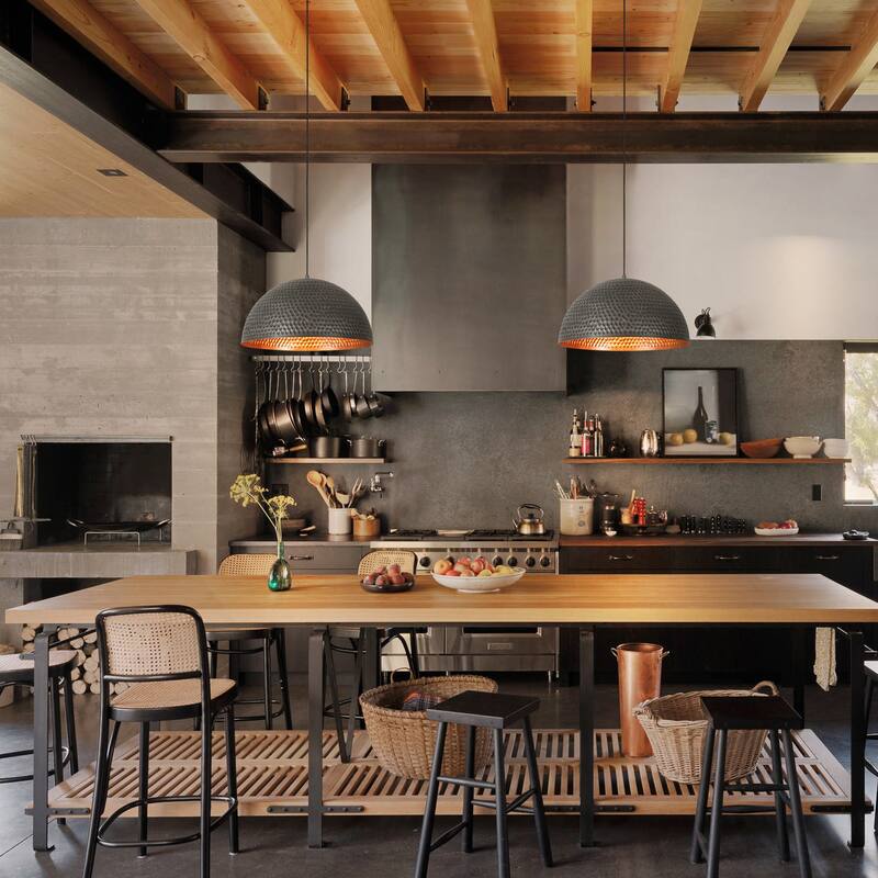 19.7" 1-Light Modern Industrial Black/Green Hand-Hammered Iron Dome Pendant Light for Dining Room