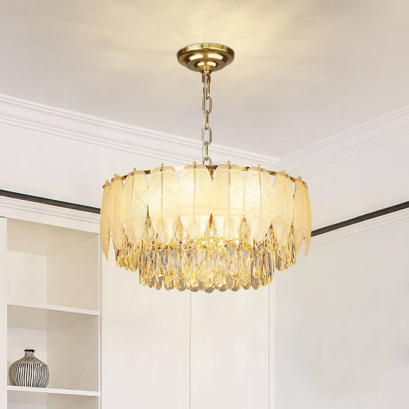 Modern Luxury Crystal Chandeliers, Adjustable Round Feather Crystal Pendant Light for Living Room, Bulbs Included - 6-light