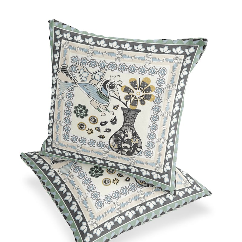 HomeRoots Set of Two 16" X 16" Black and Gray Peacock Blown Seam Floral Indoor Outdoor Throw Pillow - 16.00' X '16.00' X '5.00