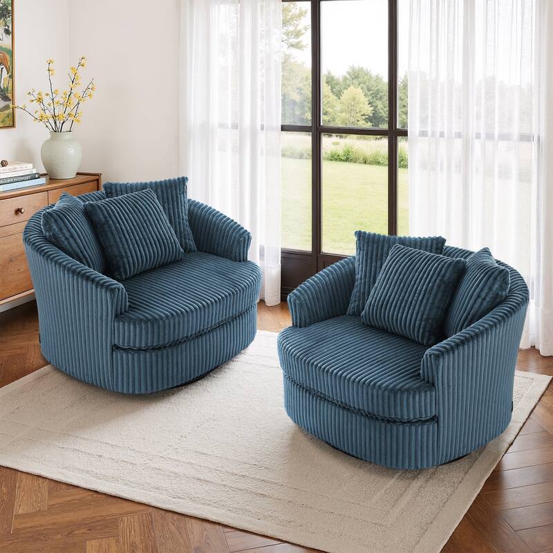 Oversized 43" W Plush Corduroy Slipcovered Swivel Barrel Chair with Pillows Set of 2