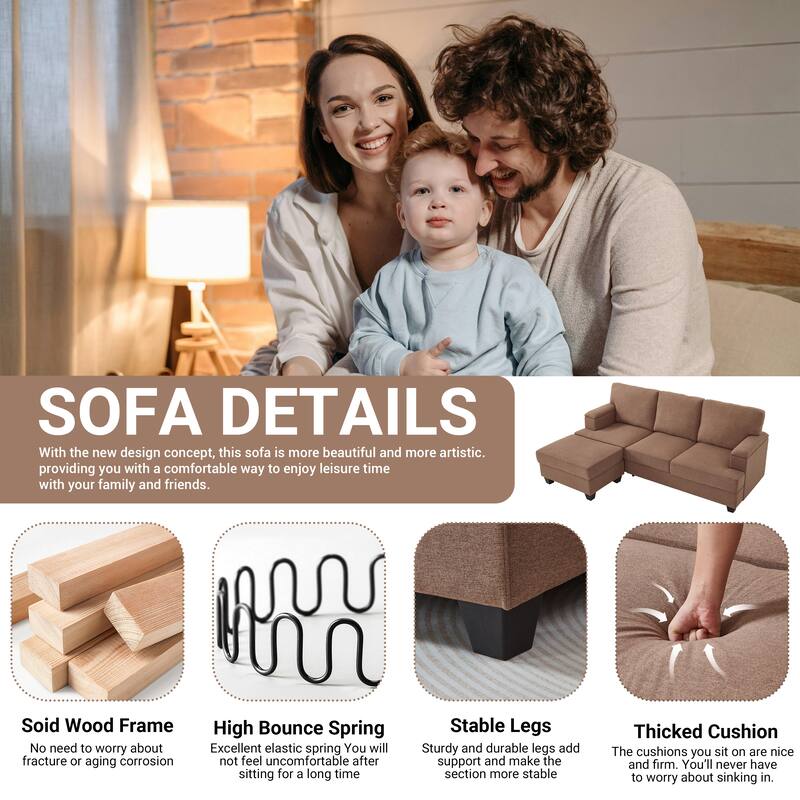 86" L-Shaped Sectional Sofa with Armrest Storage, Movable Ottoman, Thick Cushions, Linen Upholstery for Living Room