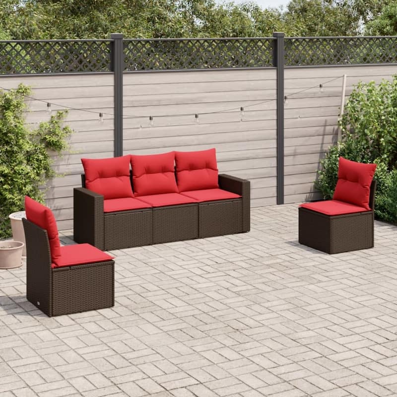 vidaXL Patio Sofa Set with Cushions Outdoor Conversation Furniture Poly Rattan - 25.8" x 24.4" x 27.2" - Brown and red without table