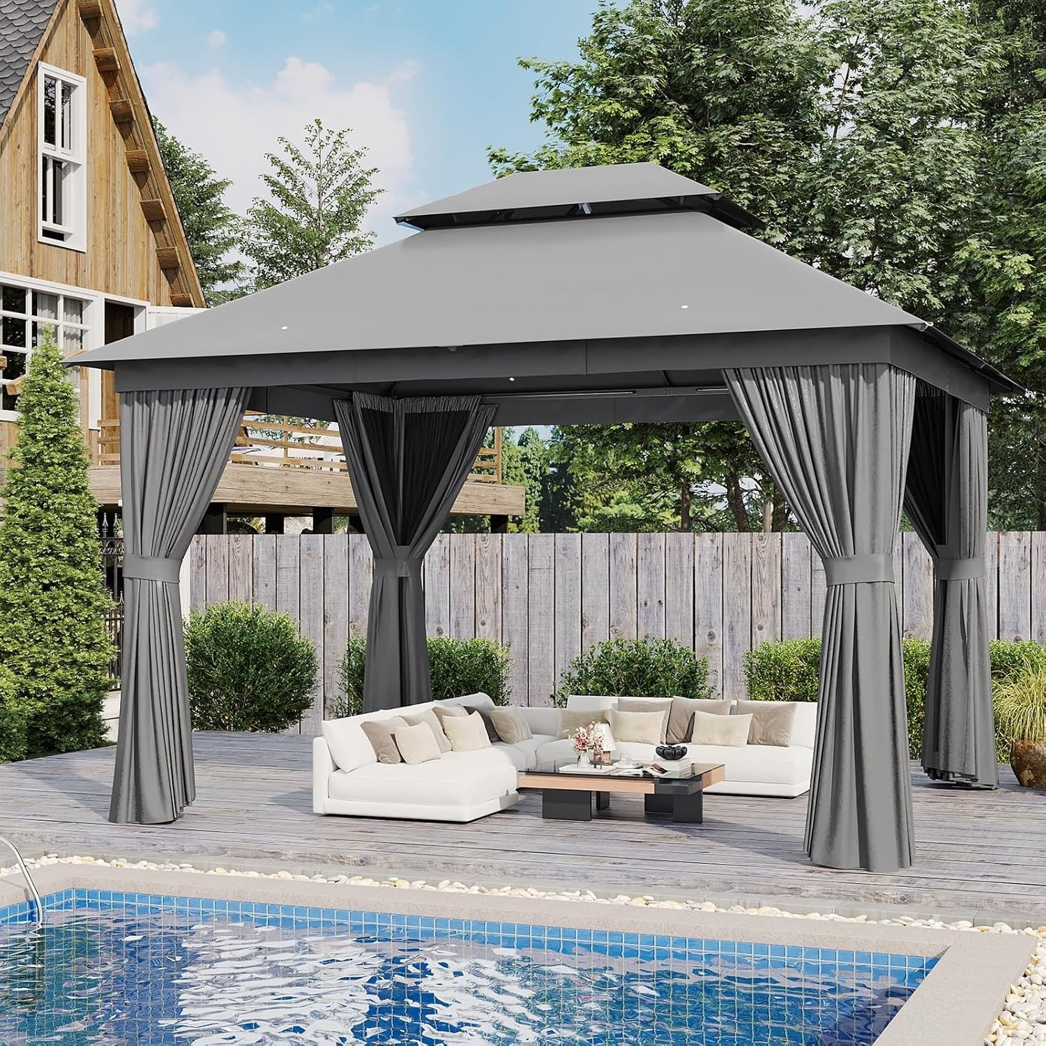 Outdoor Gazebo for Patio, Metal Frame Canopy with Double Roofs