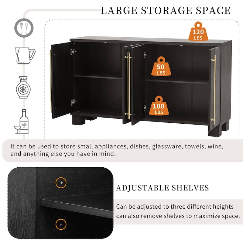 Traditional Style Wood Sideboard Buffet with Adjustable Shelves and Gold Handles