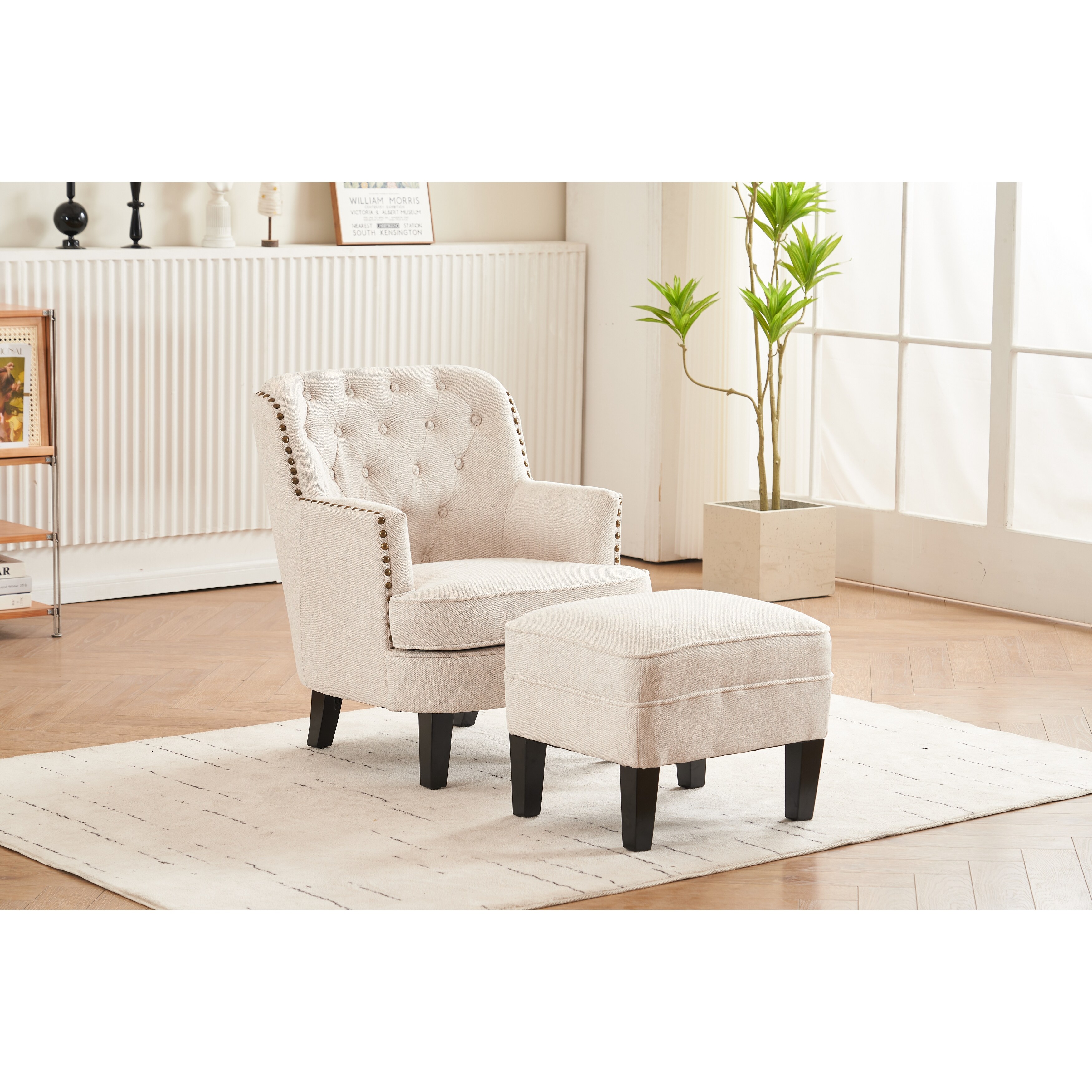 Natural Fabric Button Accent Chair with Ottoman Vintage Brass